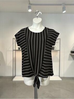 Jones New York, Striped Tie Front Blouse Black White Lightweight, XL, Stretch
